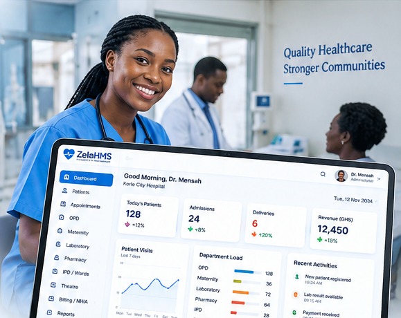 African clinician using the ZelaHMS hospital dashboard
